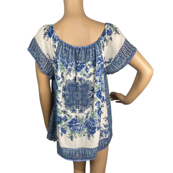 Joie Taj Delft Blue Floral Border Print Silk Flutter Sleeve Peasant Blouse SZ M - Picture 9 of 13